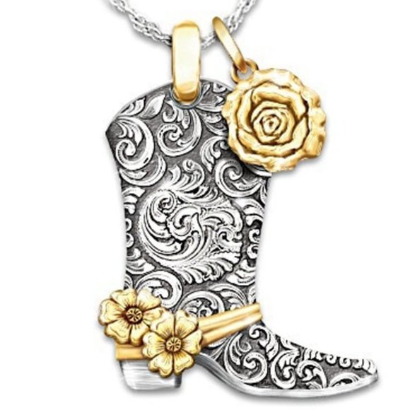"Country Rose" Western Boot Pendant Necklace - Picture 2 of 9